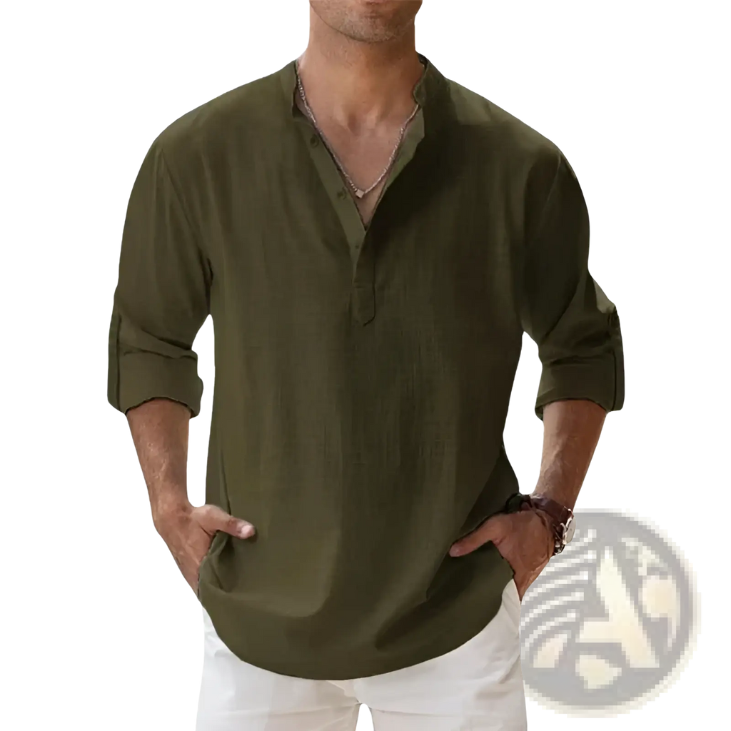 Mens olive green linen henley shirt with long sleeves relaxed fit and buttoned placket for casual wear