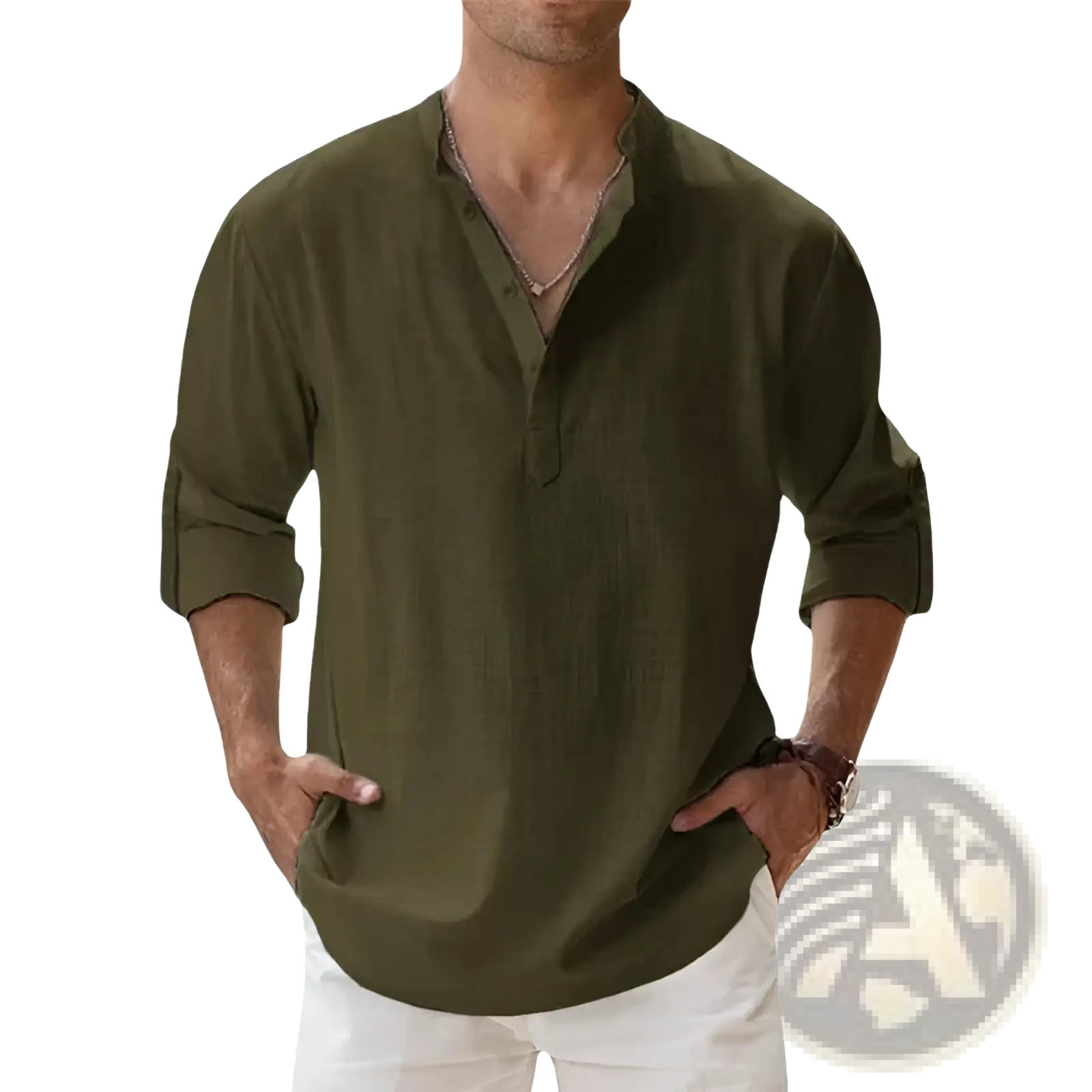 Mens olive green linen henley shirt with long sleeves relaxed fit and buttoned placket for casual wear