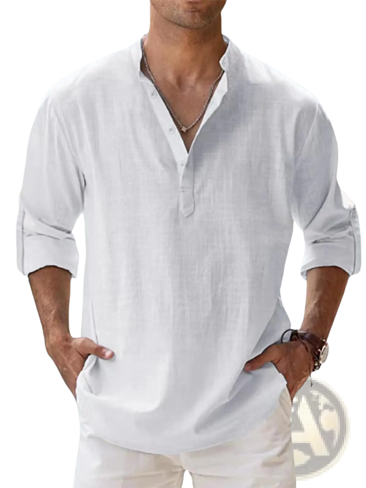 Chemise henley en lin blanche pour homme, présentant un design décontracté à manches longues avec des manches retroussées et un col en V.