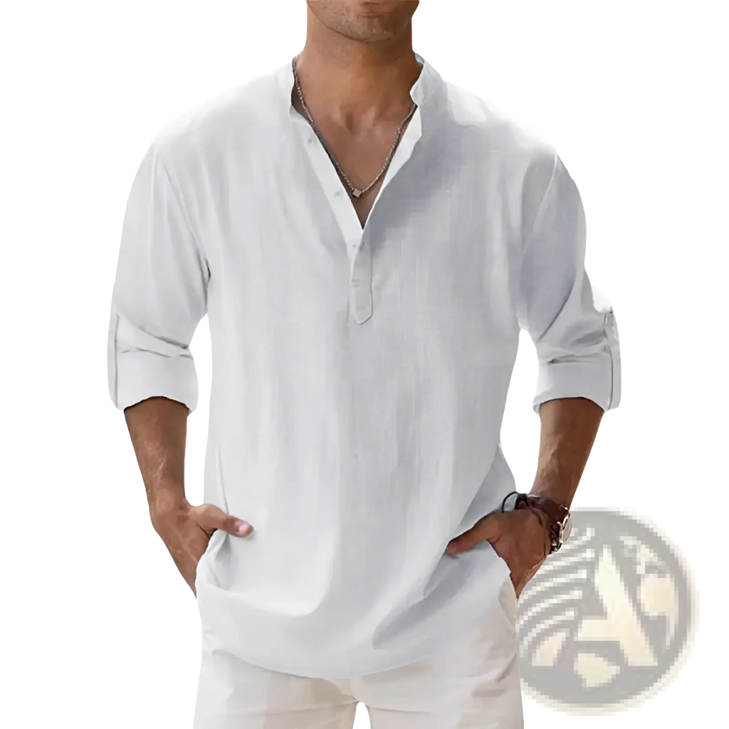 White lightweight linen mens henley shirt with relaxed fit casual long sleeves and rolled up sleeves
