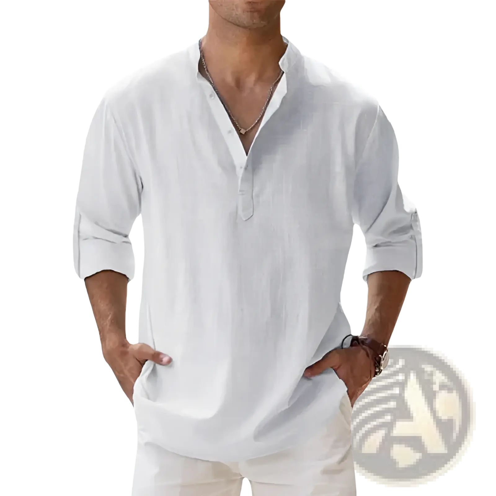 White lightweight linen mens henley shirt with relaxed fit casual long sleeves and rolled up sleeves
