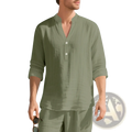 Olive green linen long sleeve men’s henley shirt with button-down front and rolled sleeves for casual wear