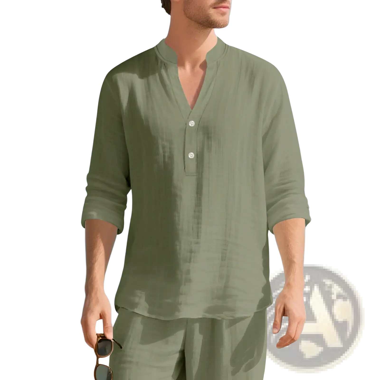 Olive green linen long sleeve men’s henley shirt with button-down front and rolled sleeves for casual wear