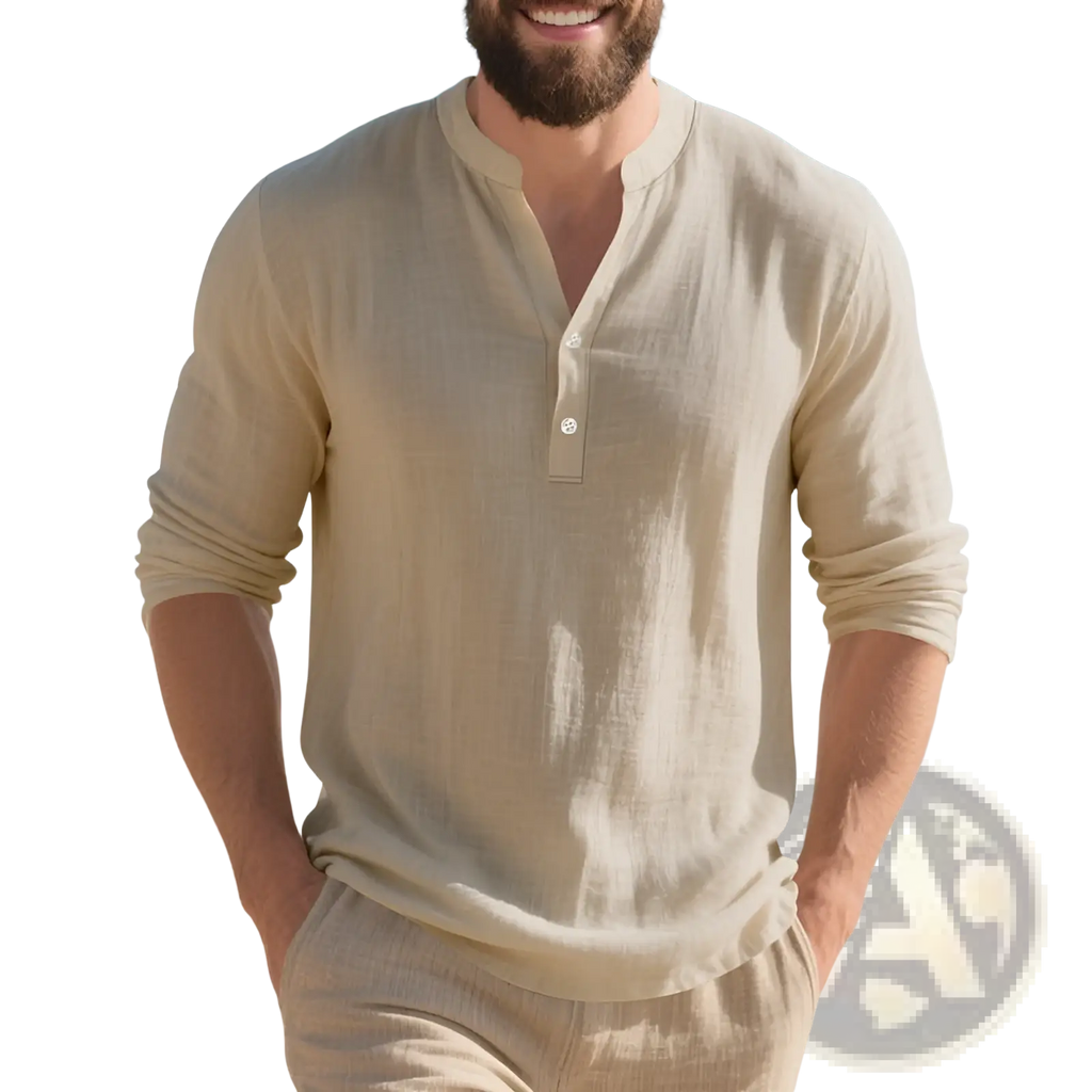Beige linen men’s henley shirt with three buttons and rolled-up long sleeves casual pullover