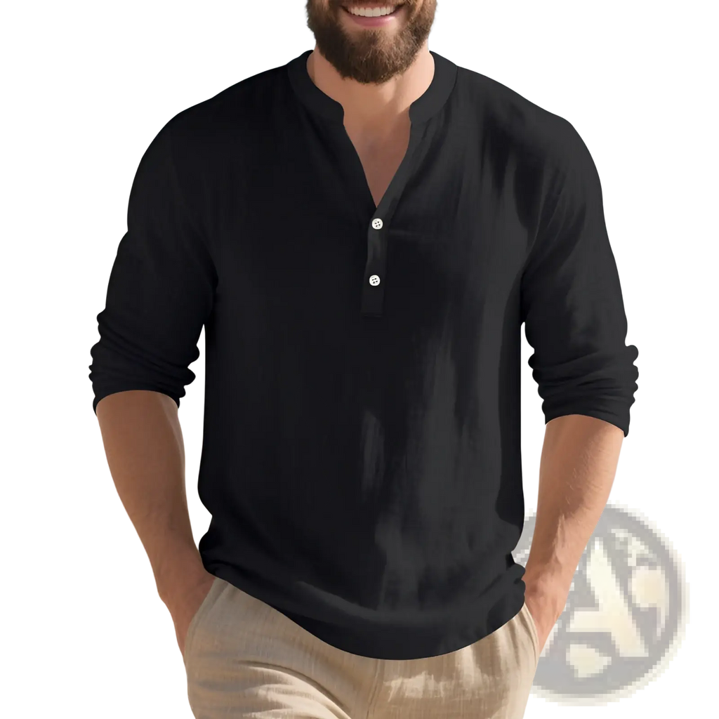 Men’s black linen henley shirt with long sleeves white buttons and rolled-up cuffs casual pullover style