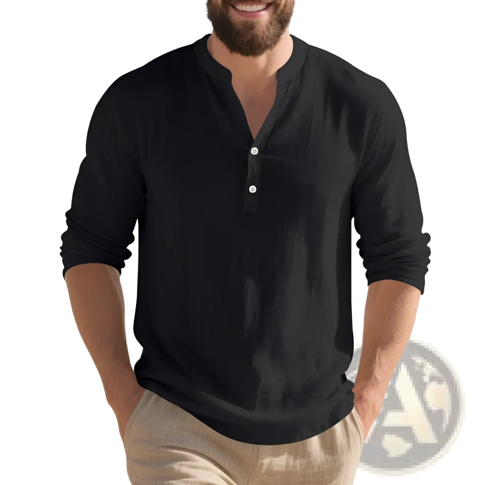 Men’s black linen henley shirt with long sleeves white buttons and rolled-up cuffs casual pullover style