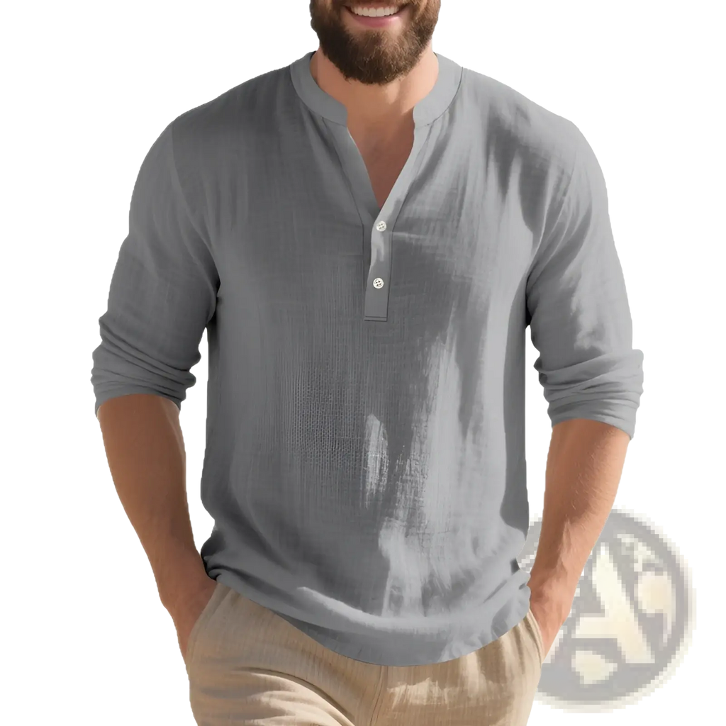 Men’s gray linen henley shirt long sleeve with subtle textured fabric and three white buttons casual pullover