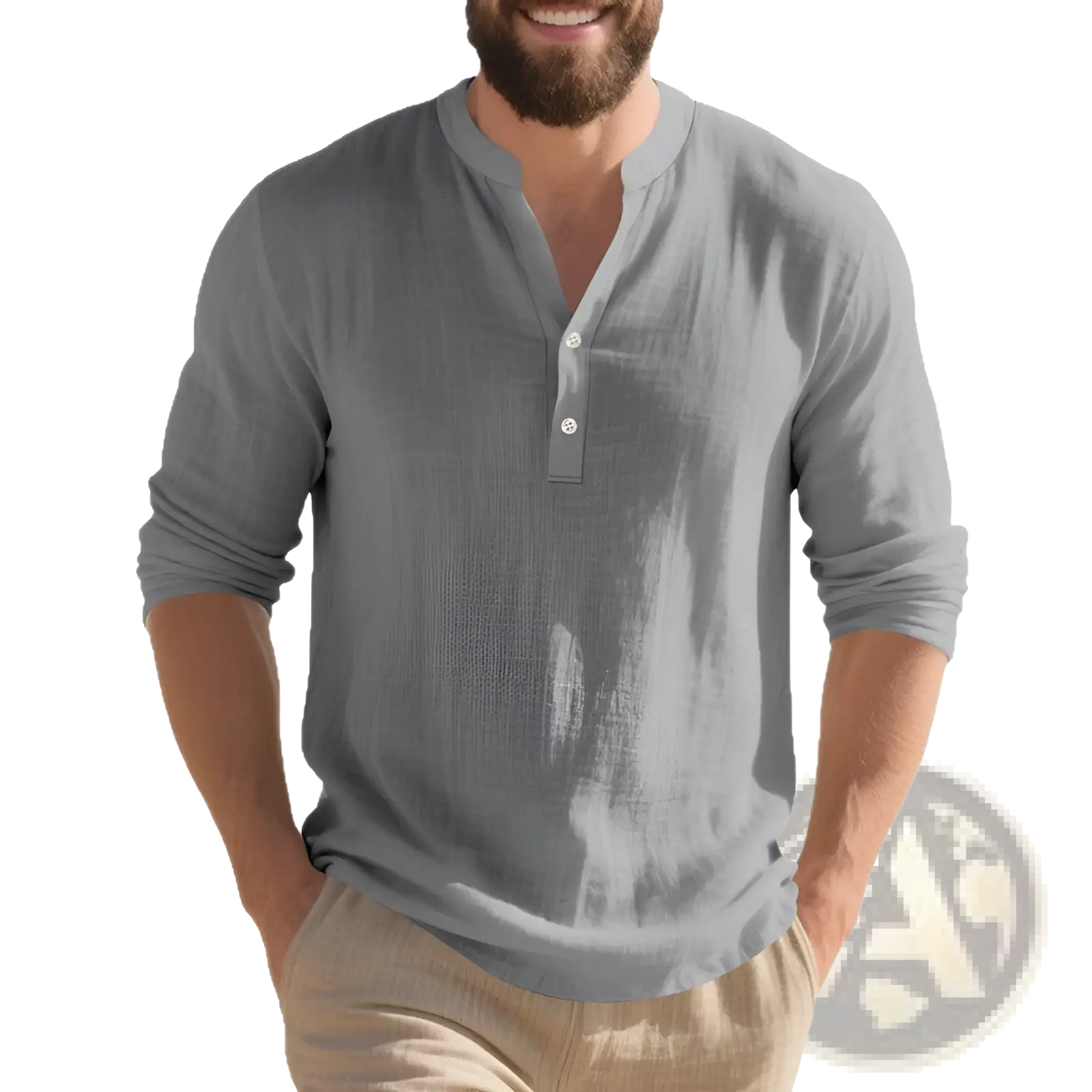 Men’s gray linen henley shirt long sleeve with subtle textured fabric and three white buttons casual pullover