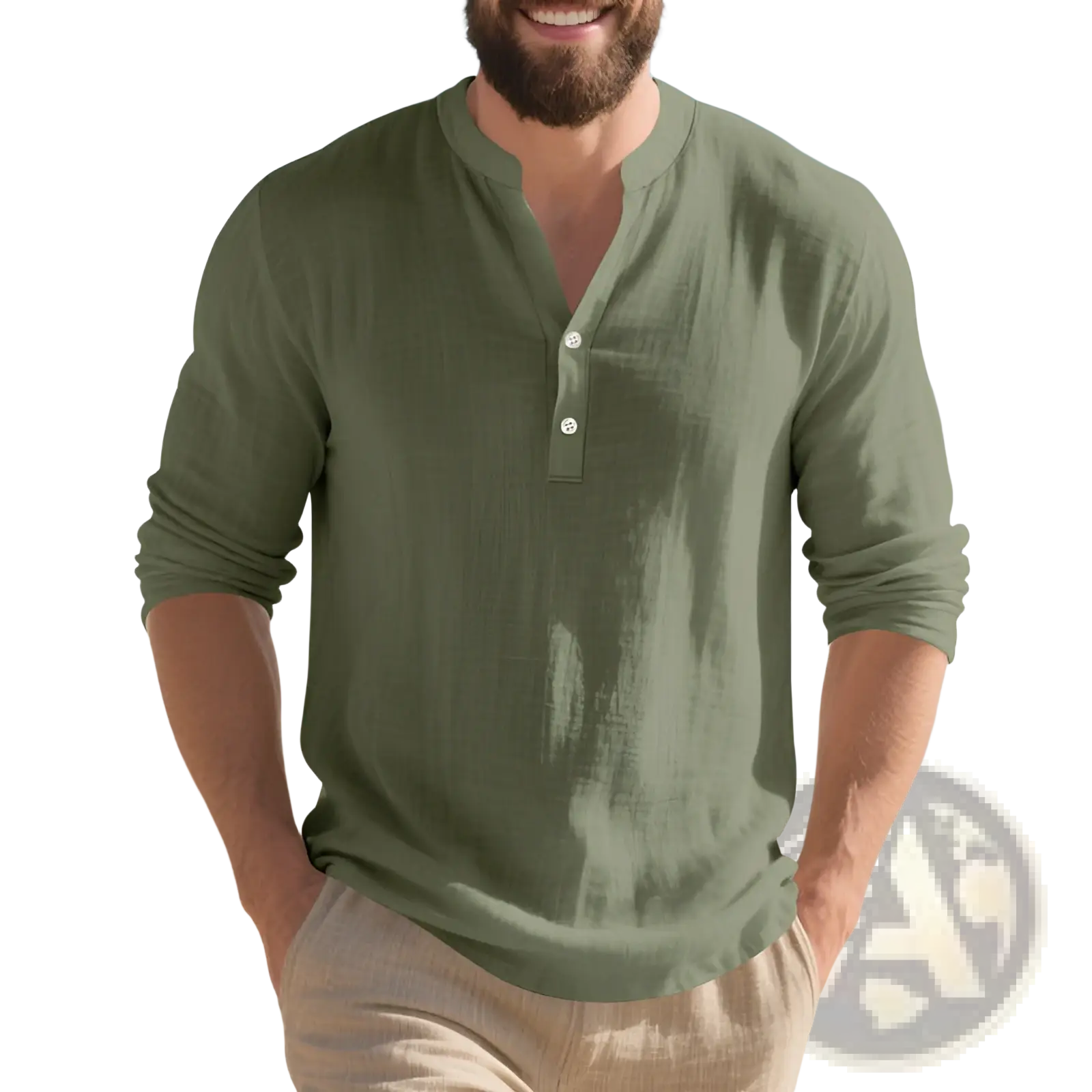 Men’s olive green linen henley shirt long sleeve casual pullover with white buttons and relaxed fabric texture