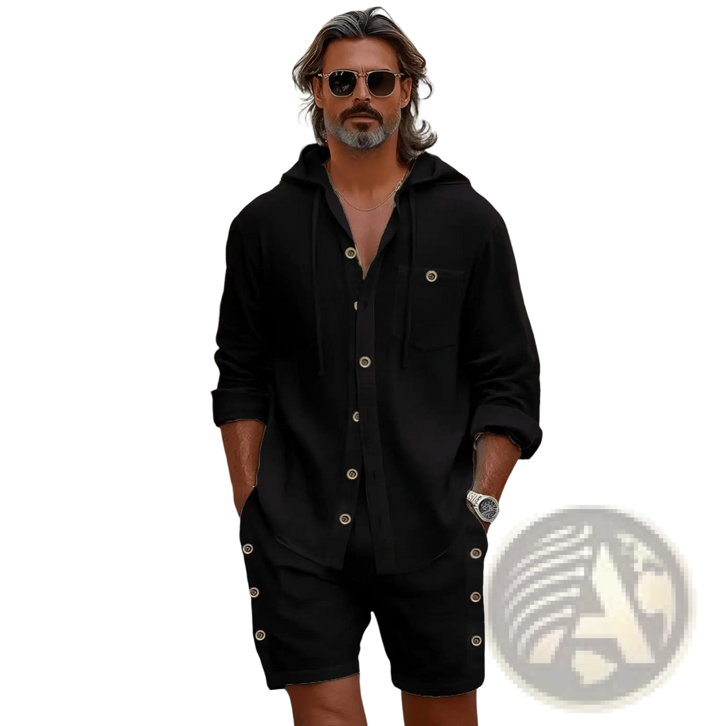 Black linen mens hooded romper with silver buttons and rolled sleeves in a casual shirt and shorts set