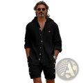 Black linen mens hooded romper with silver buttons and rolled sleeves in a casual shirt and shorts set