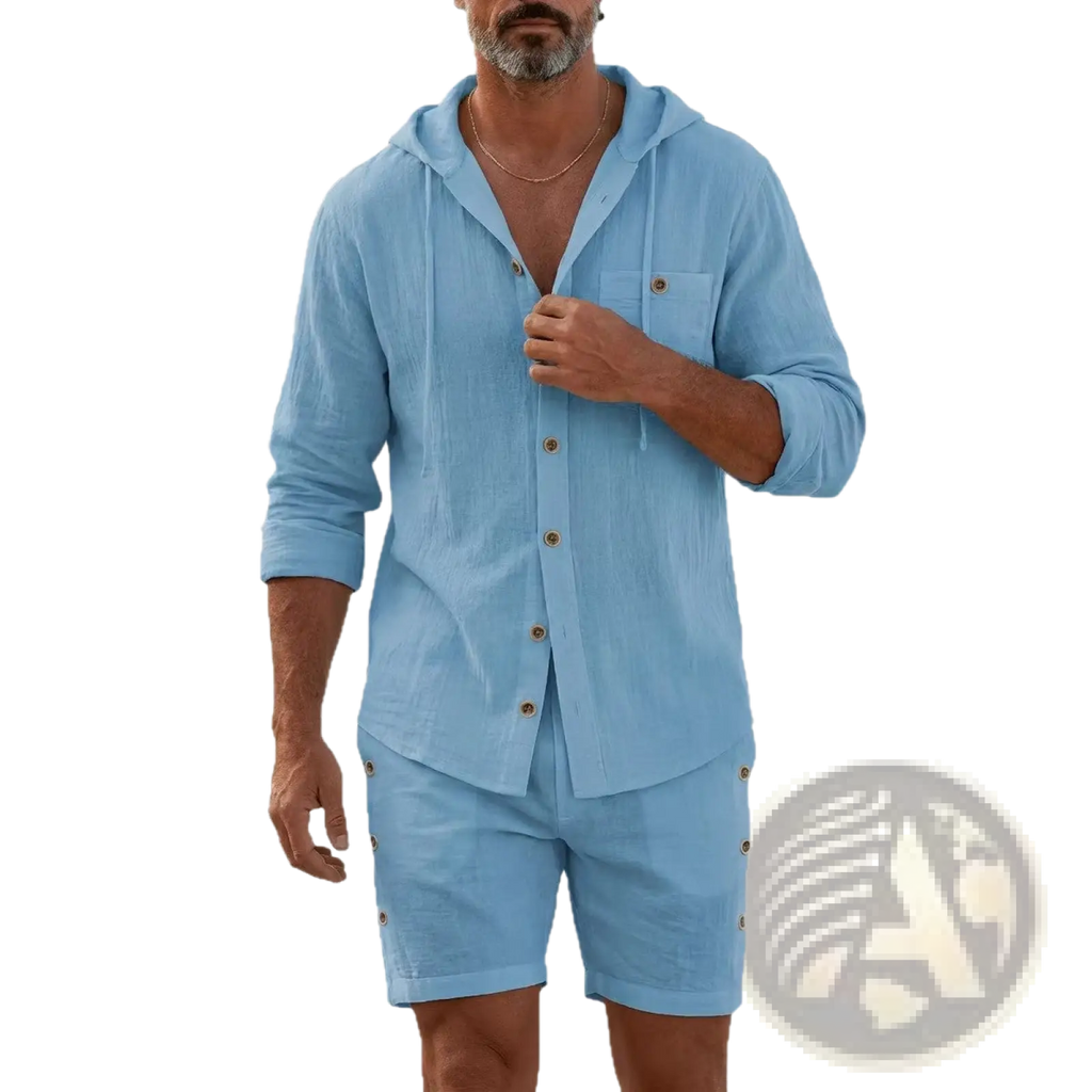 Mens linen hooded shirt and shorts set in light blue with subtle texture and gold toned buttons