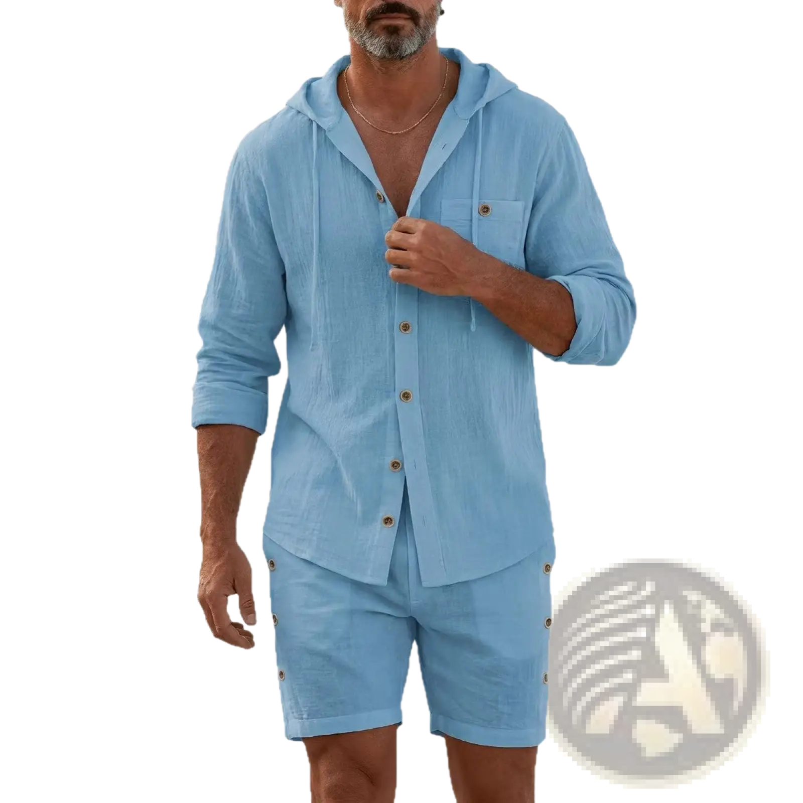 Mens linen hooded shirt and shorts set in light blue with subtle texture and gold toned buttons