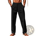 Black loose-fitting men’s linen joggers with elastic waistband designed as casual drawstring pants