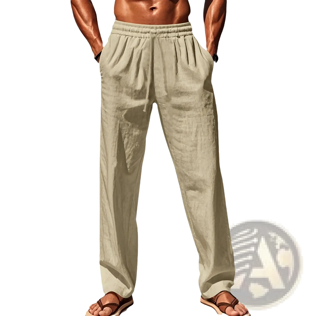 Men’s beige linen joggers with elastic waistband and drawstring for casual comfort and style