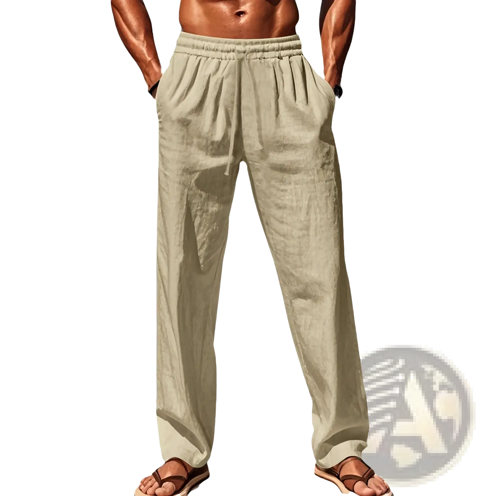 Men’s beige linen joggers with elastic waistband and drawstring for casual comfort and style