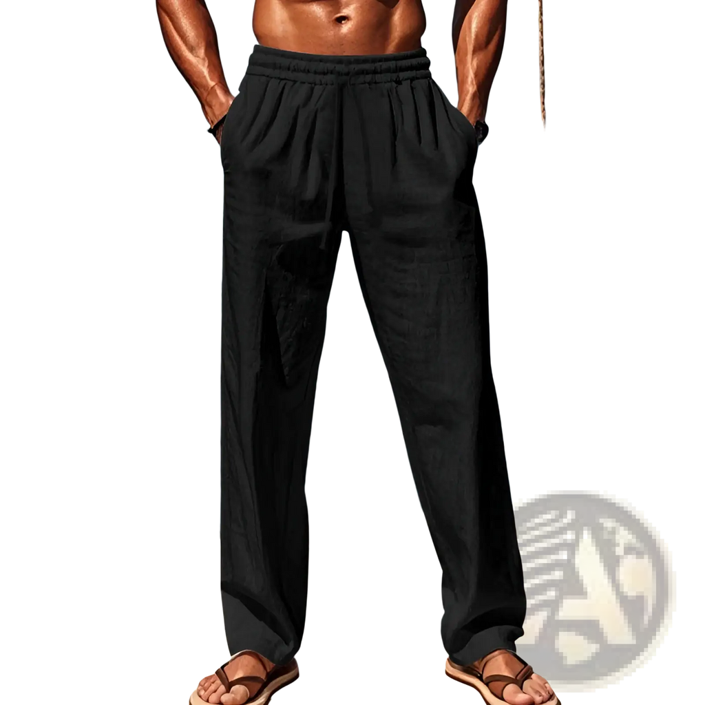 Black loose-fitting men’s linen joggers casual drawstring pants with elastic waistband for comfortable wear