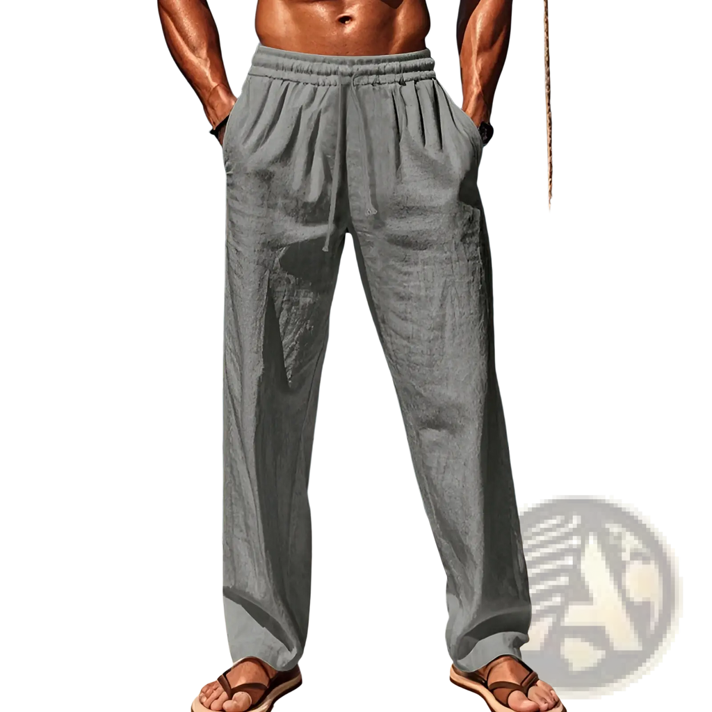Men’s casual gray linen joggers with elastic waistband and side pockets for comfortable everyday wear