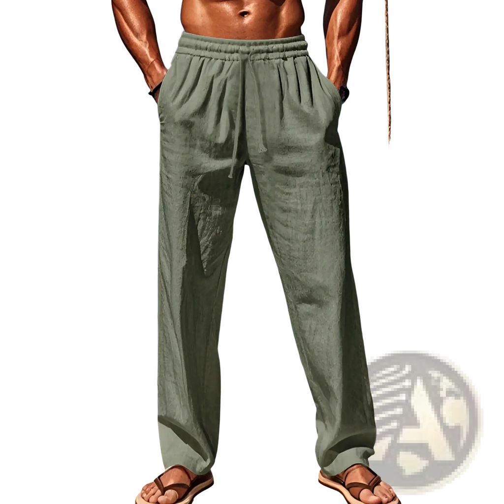 Men’s olive green linen joggers with elastic waistband and drawstring for casual comfort and style