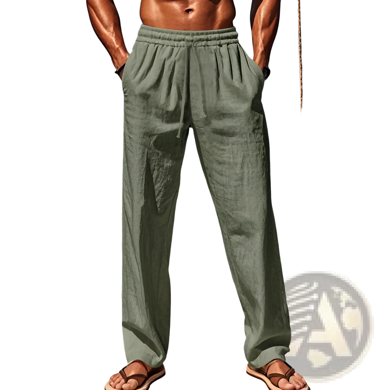 Men’s olive green linen joggers with elastic waistband and drawstring for casual comfort and style