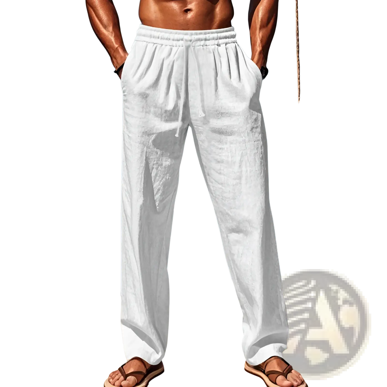 Men’s white linen joggers with elastic waistband drawstring and relaxed fit casual pants