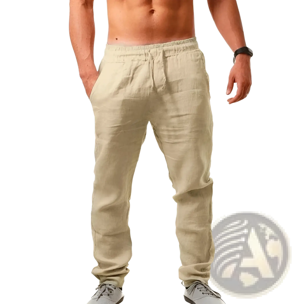 Beige men’s linen joggers with elastic waistband and drawstring casual summer trousers