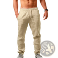 Beige men’s linen joggers with elastic waistband and drawstring casual summer trousers