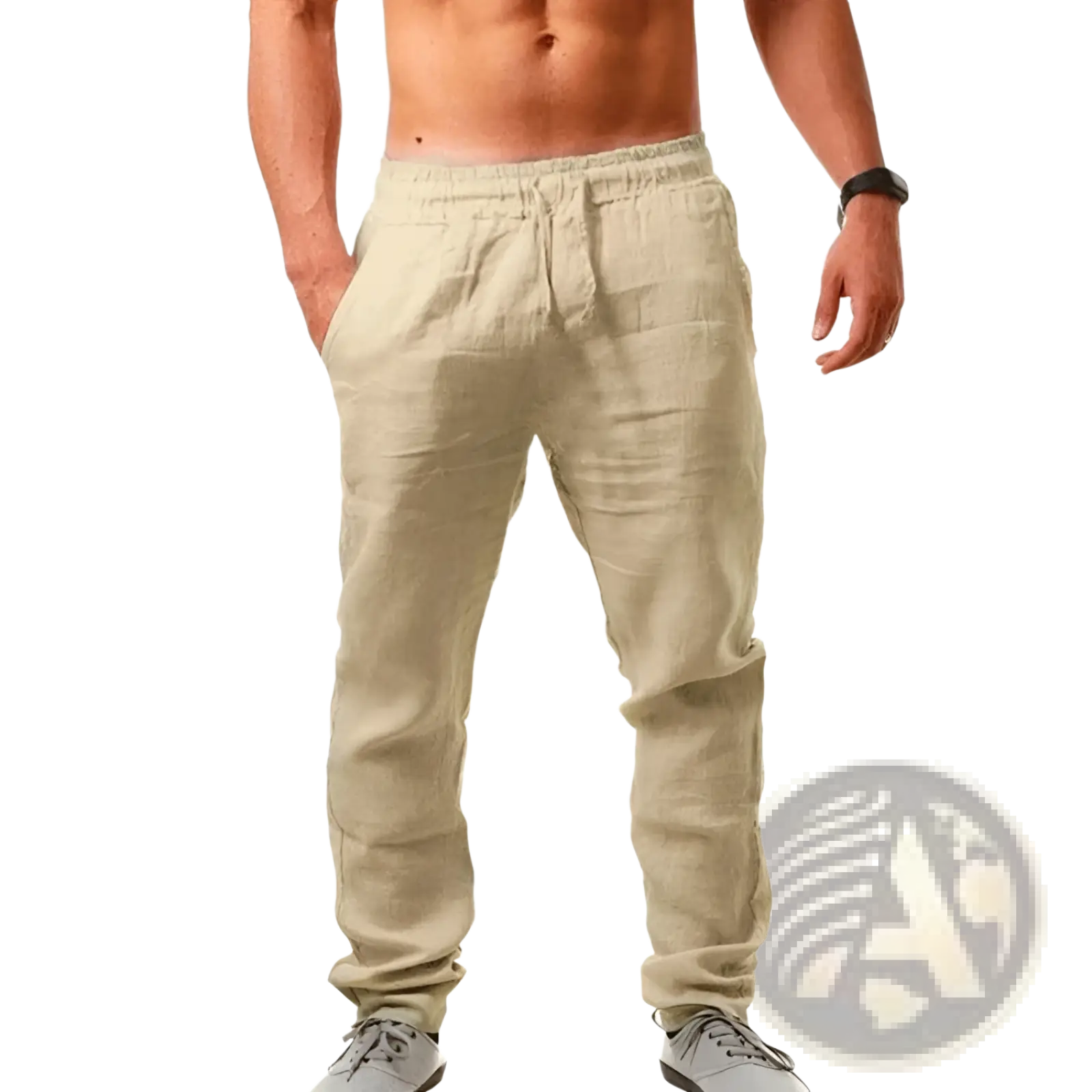 Beige men’s linen joggers with elastic waistband and drawstring casual summer trousers