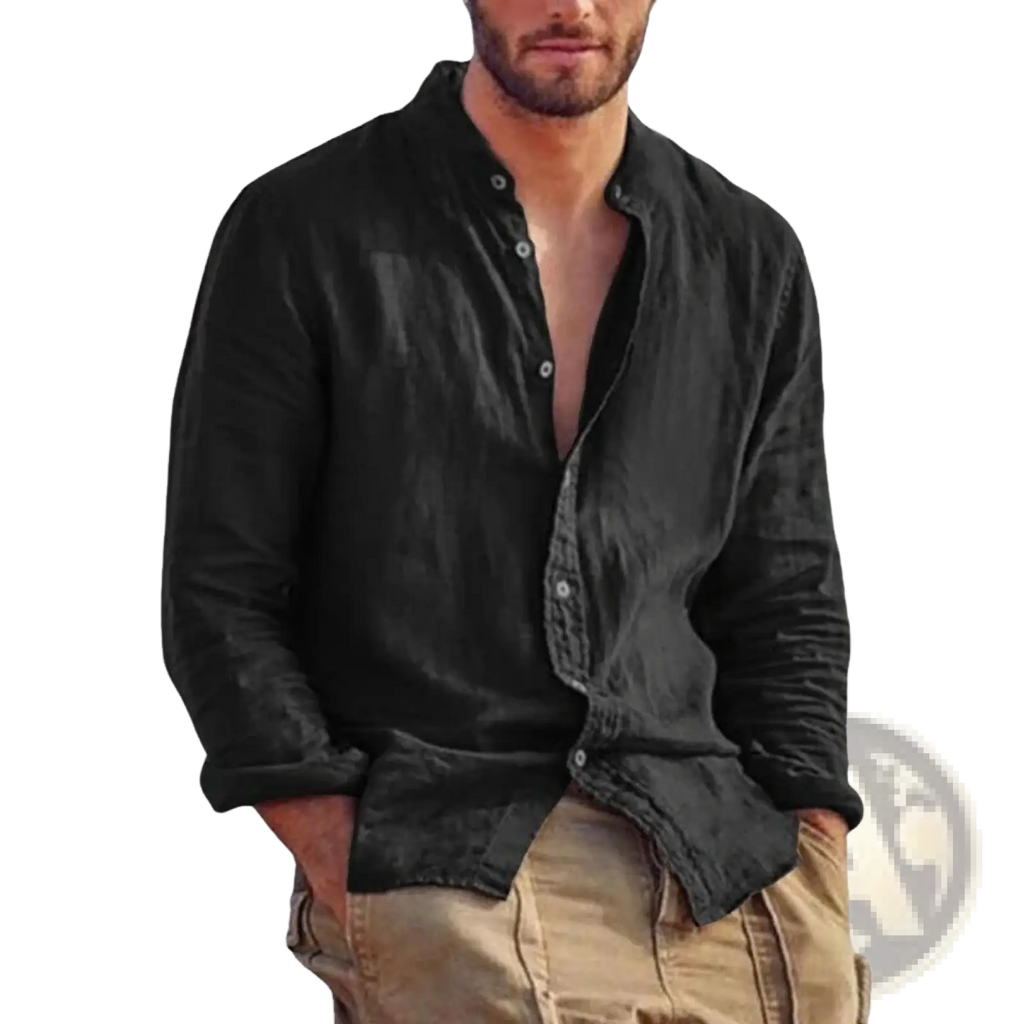 Men’s black linen long sleeve stand collar casual shirt with relaxed fit and subtle texture