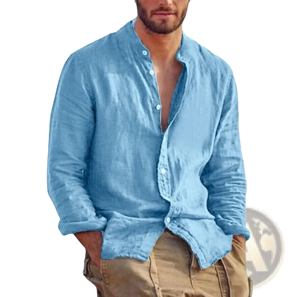 Men’s light blue linen long sleeve casual shirt with a button-down front and rolled-up cuffs