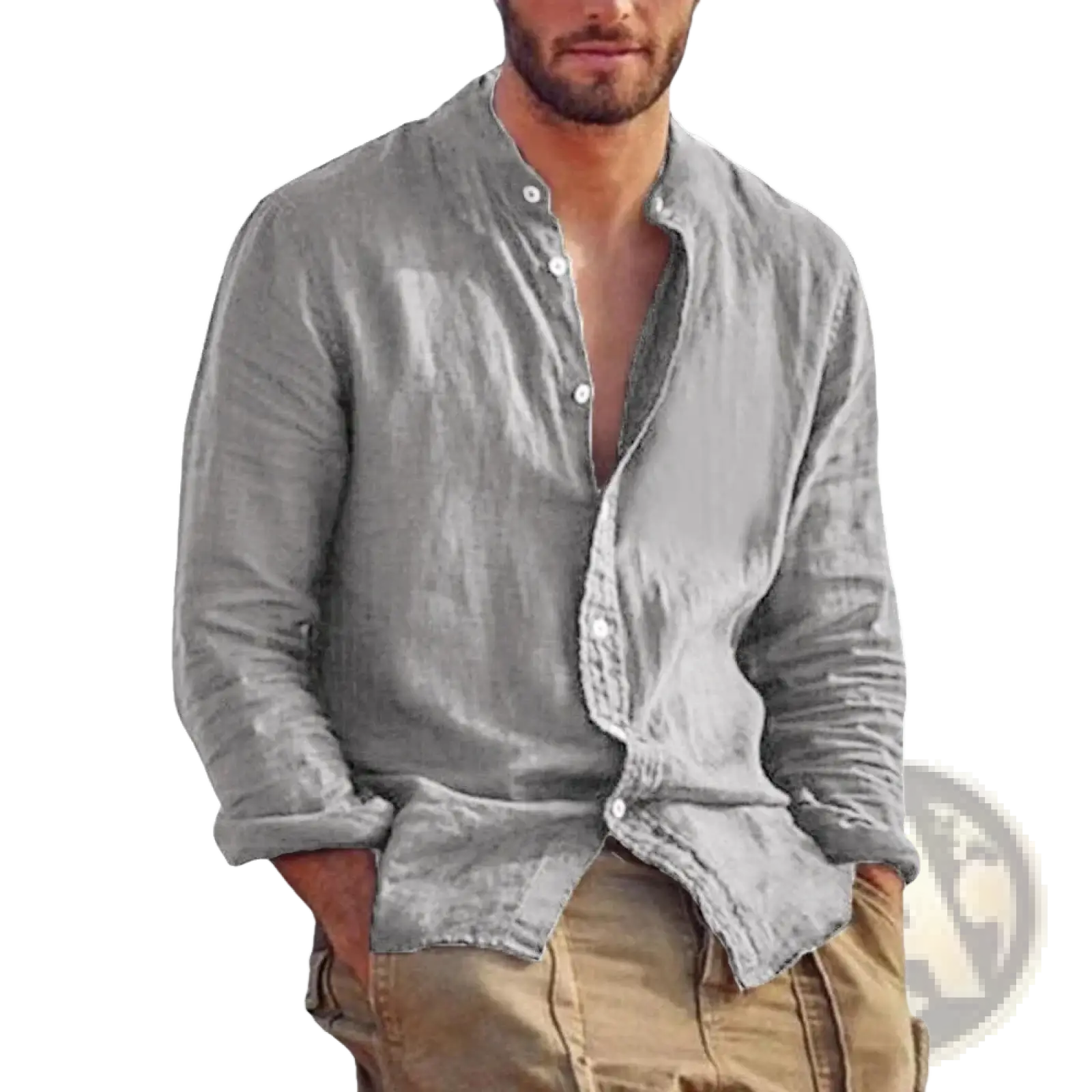 Men’s light gray linen long sleeve casual shirt with button-down front and rolled-up cuffs