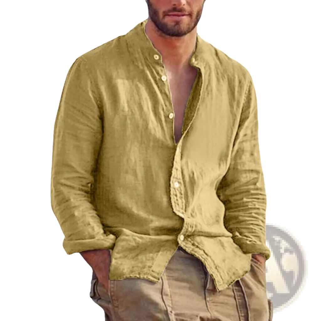Men’s olive green linen long sleeve stand collar casual shirt with button-down front and rolled-up cuffs