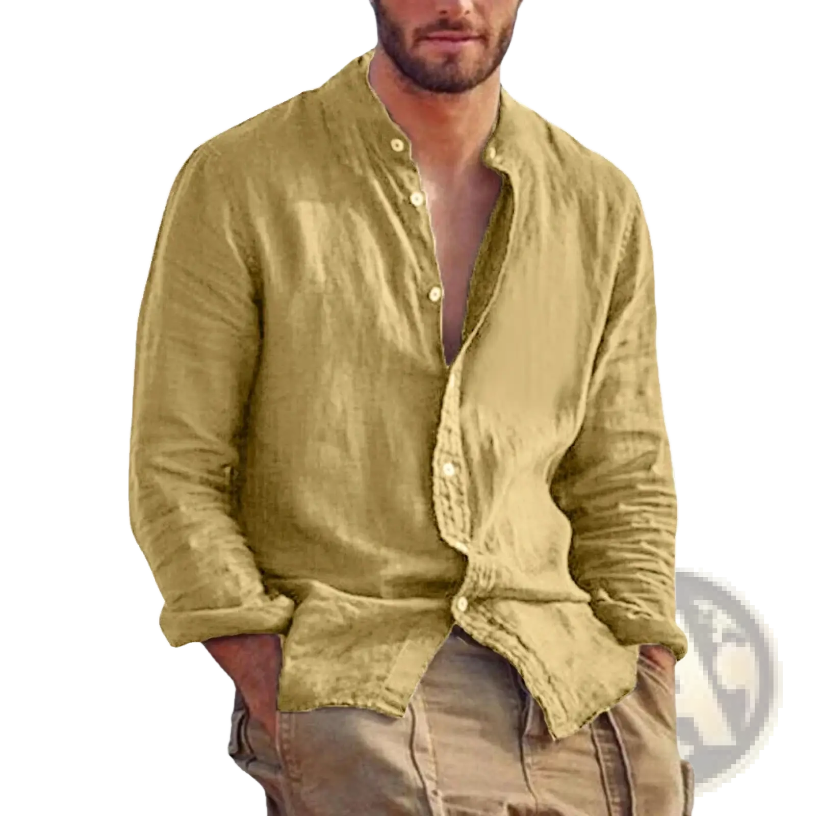 Men’s olive green linen long sleeve stand collar casual shirt with button-down front and rolled-up cuffs