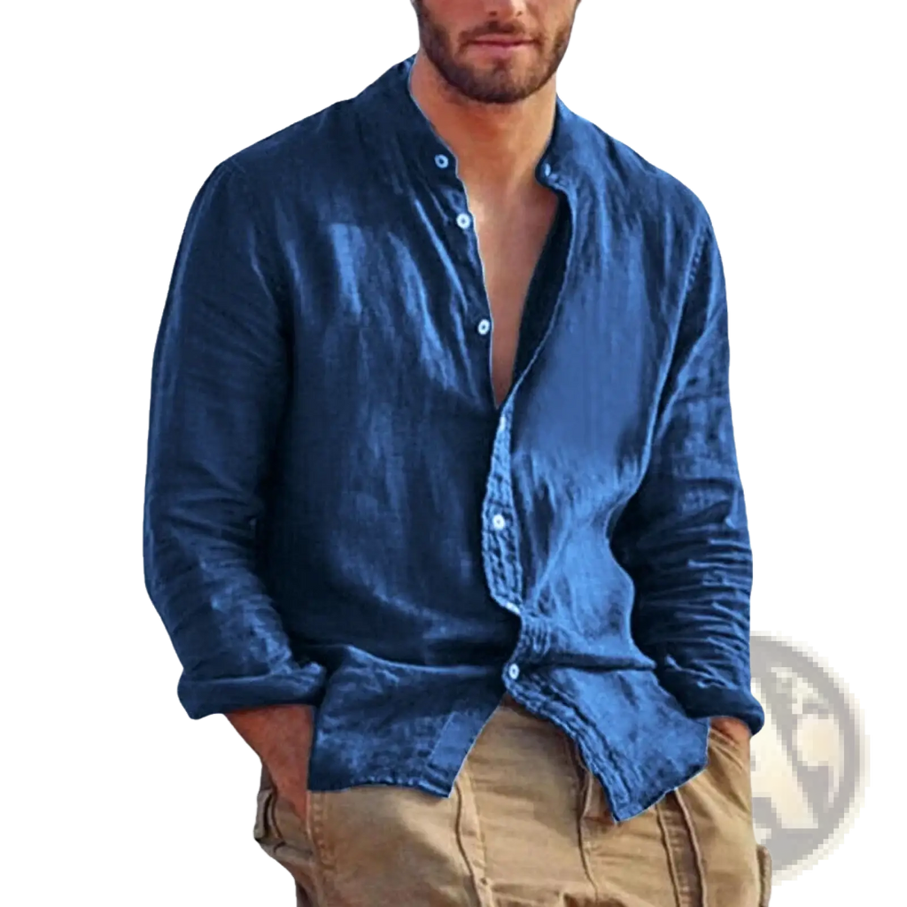 Men’s navy blue linen long sleeve casual shirt with button-down front and rolled-up cuffs in stand collar style
