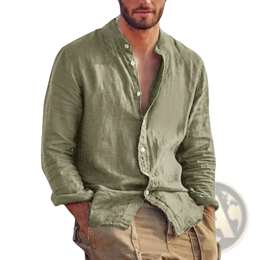 Men’s olive green linen long sleeve casual shirt with button-down front and rolled cuffs