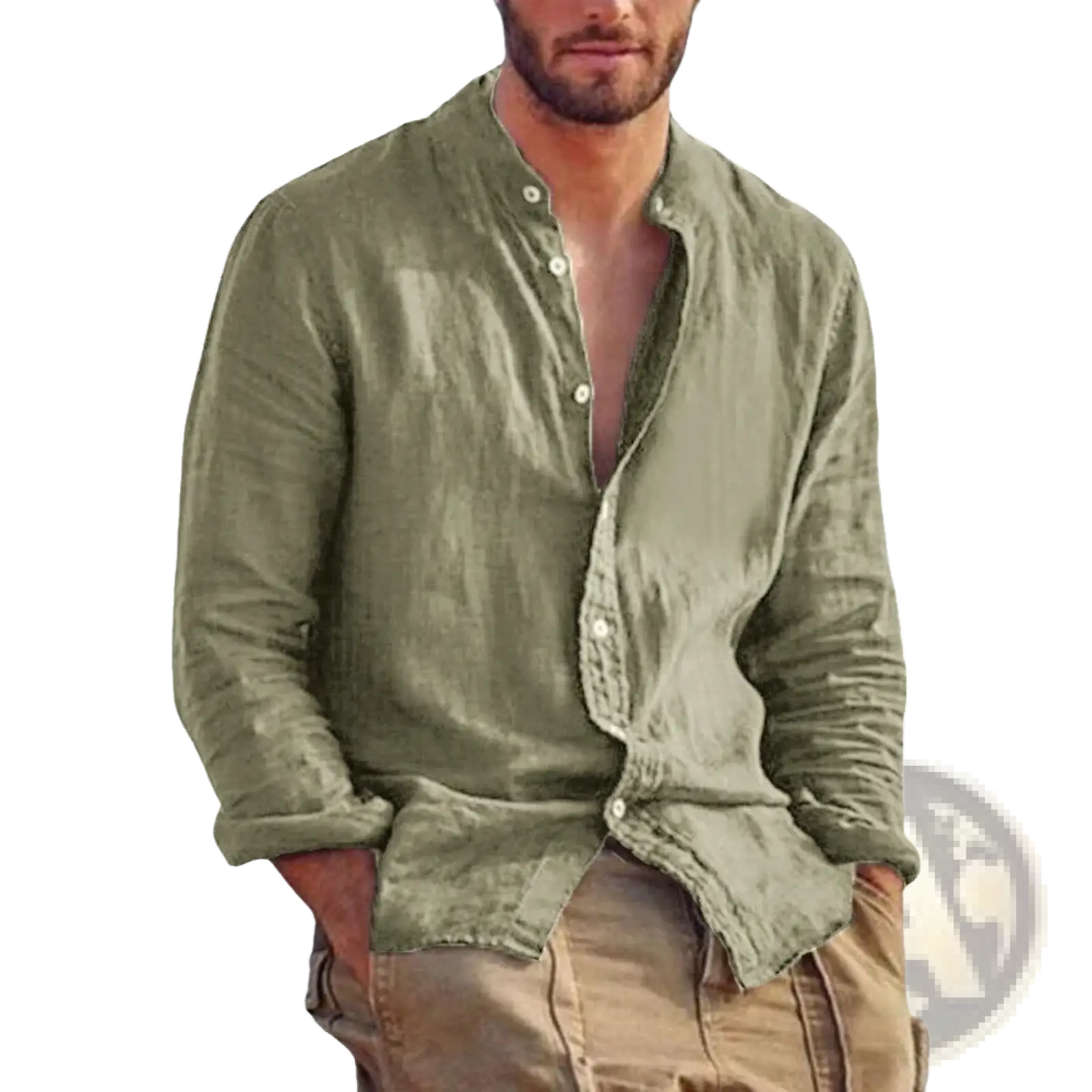 Men’s olive green linen long sleeve casual shirt with button-down front and rolled cuffs