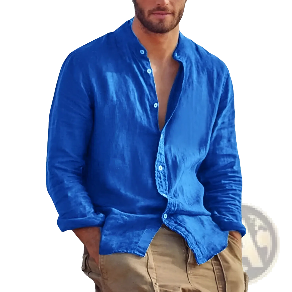 Men’s vibrant royal blue linen long sleeve stand collar casual shirt with white buttons for comfortable wear