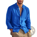 Men’s vibrant royal blue linen long sleeve stand collar casual shirt with white buttons for comfortable wear