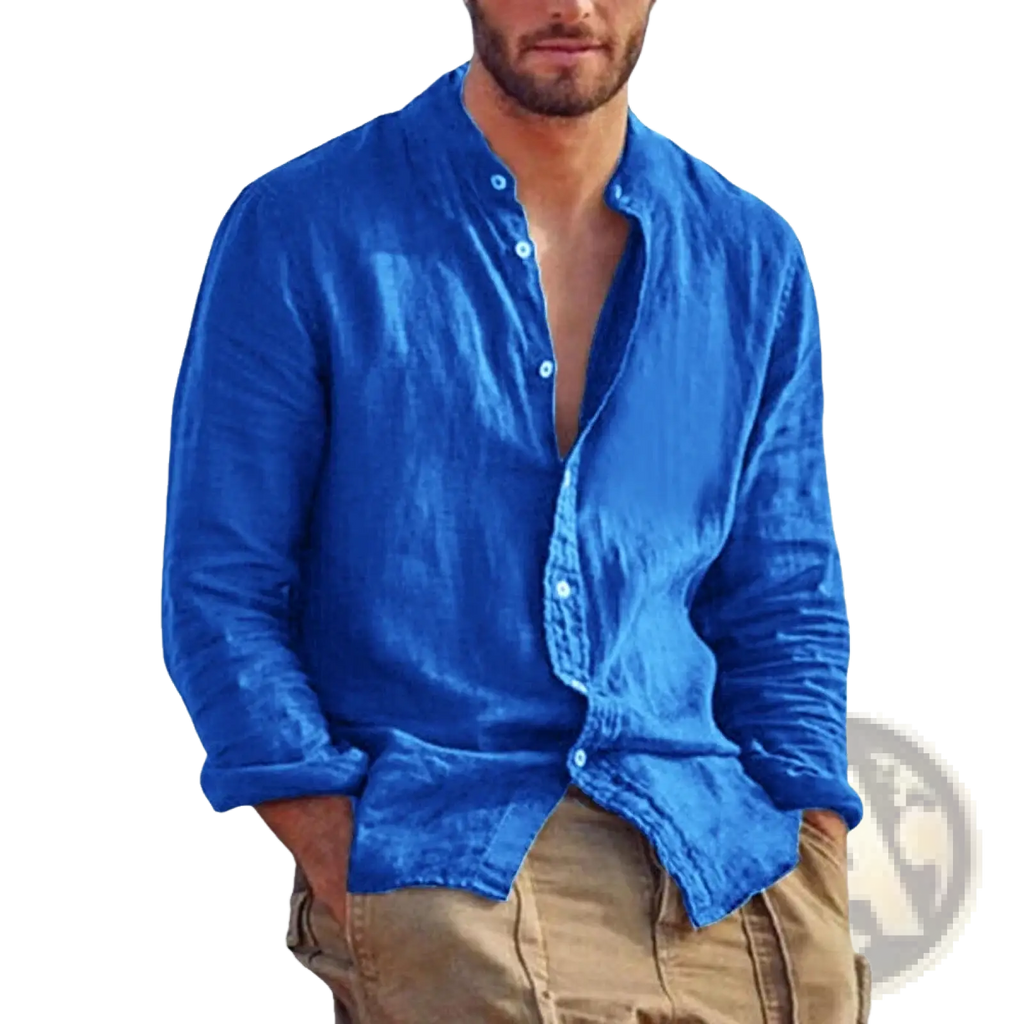 A vibrant royal blue men’s linen long sleeve casual shirt with a relaxed fit and button-down front