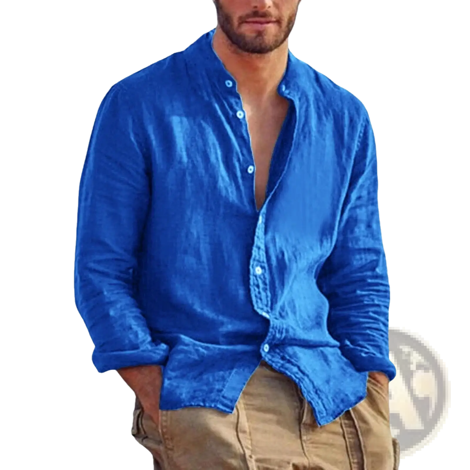 A vibrant royal blue men’s linen long sleeve casual shirt with a relaxed fit and button-down front