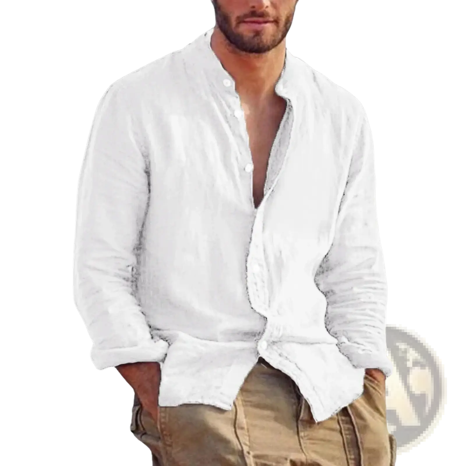 Men’s white linen long sleeve stand collar casual shirt with button-up front and rolled sleeves in relaxed fit
