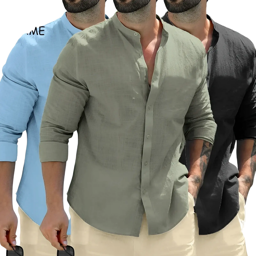 Mens olive green linen mandarin collar casual shirt with button-down front and rolled sleeves