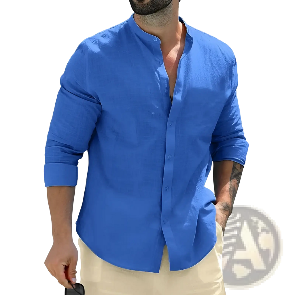 A vibrant royal blue mens linen mandarin collar casual shirt with long sleeves and a button-down front