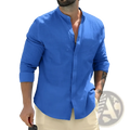 A vibrant royal blue mens linen mandarin collar casual shirt with long sleeves and a button-down front