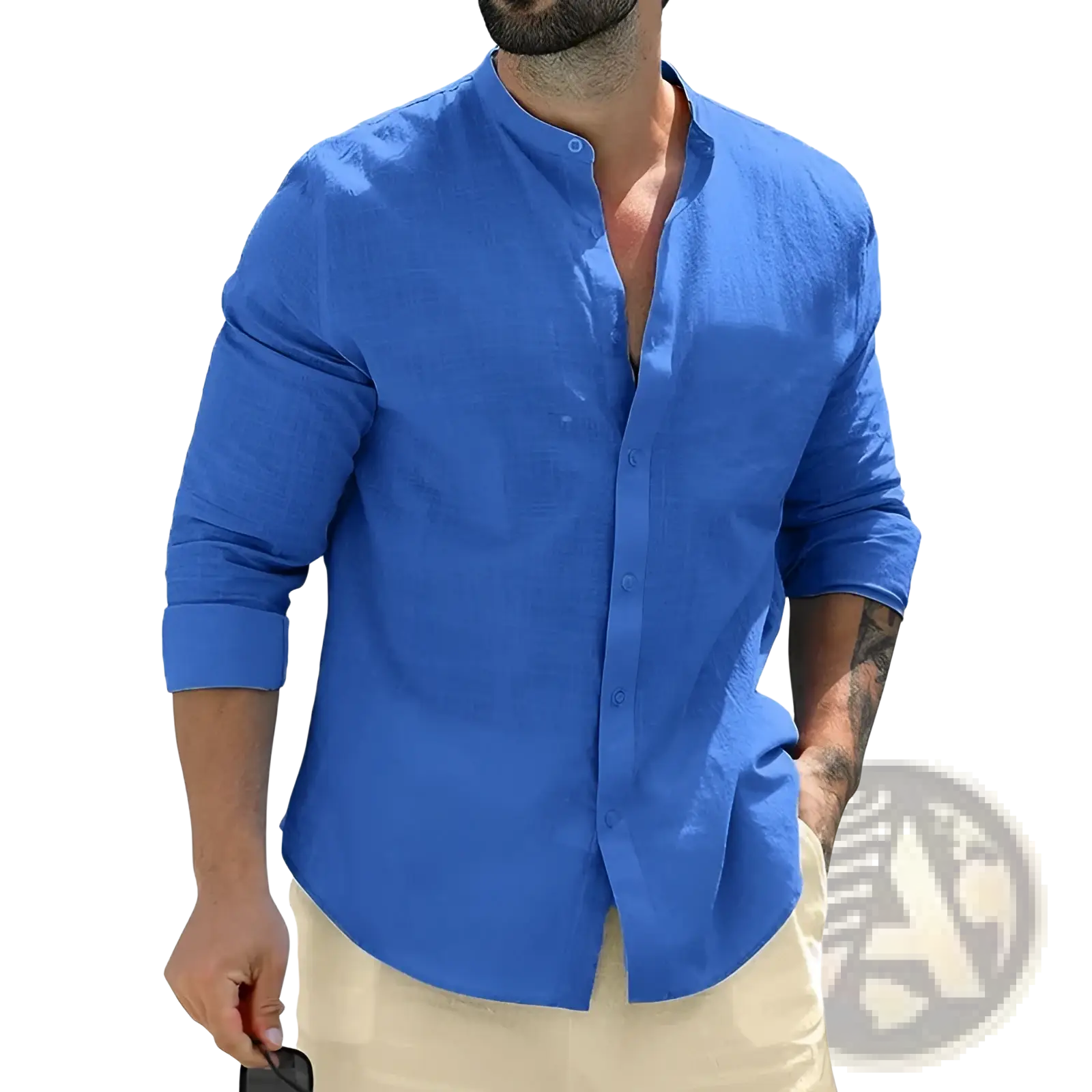 A vibrant royal blue mens linen mandarin collar casual shirt with long sleeves and a button-down front