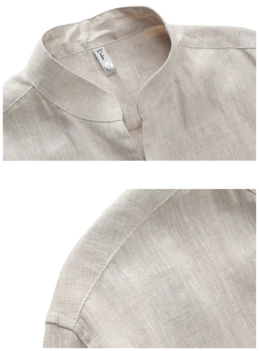 Beige men’s linen shirt with mandarin collar and subtle woven texture suitable for casual wear