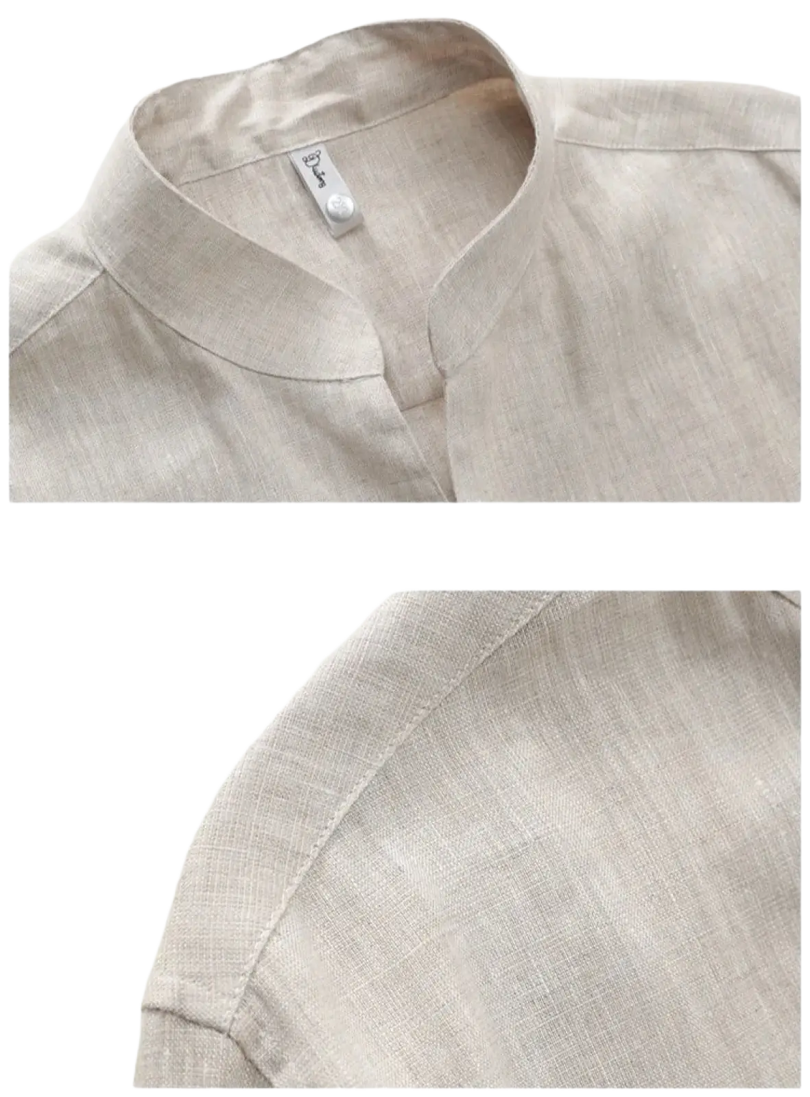 Beige men’s linen shirt with mandarin collar and subtle woven texture suitable for casual wear