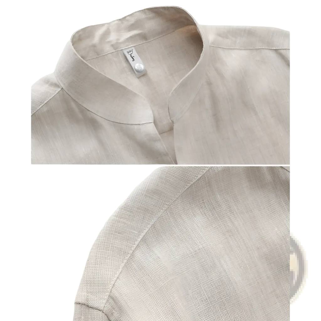 Beige men’s linen shirt with mandarin collar and subtle woven texture perfect for casual and formal wear