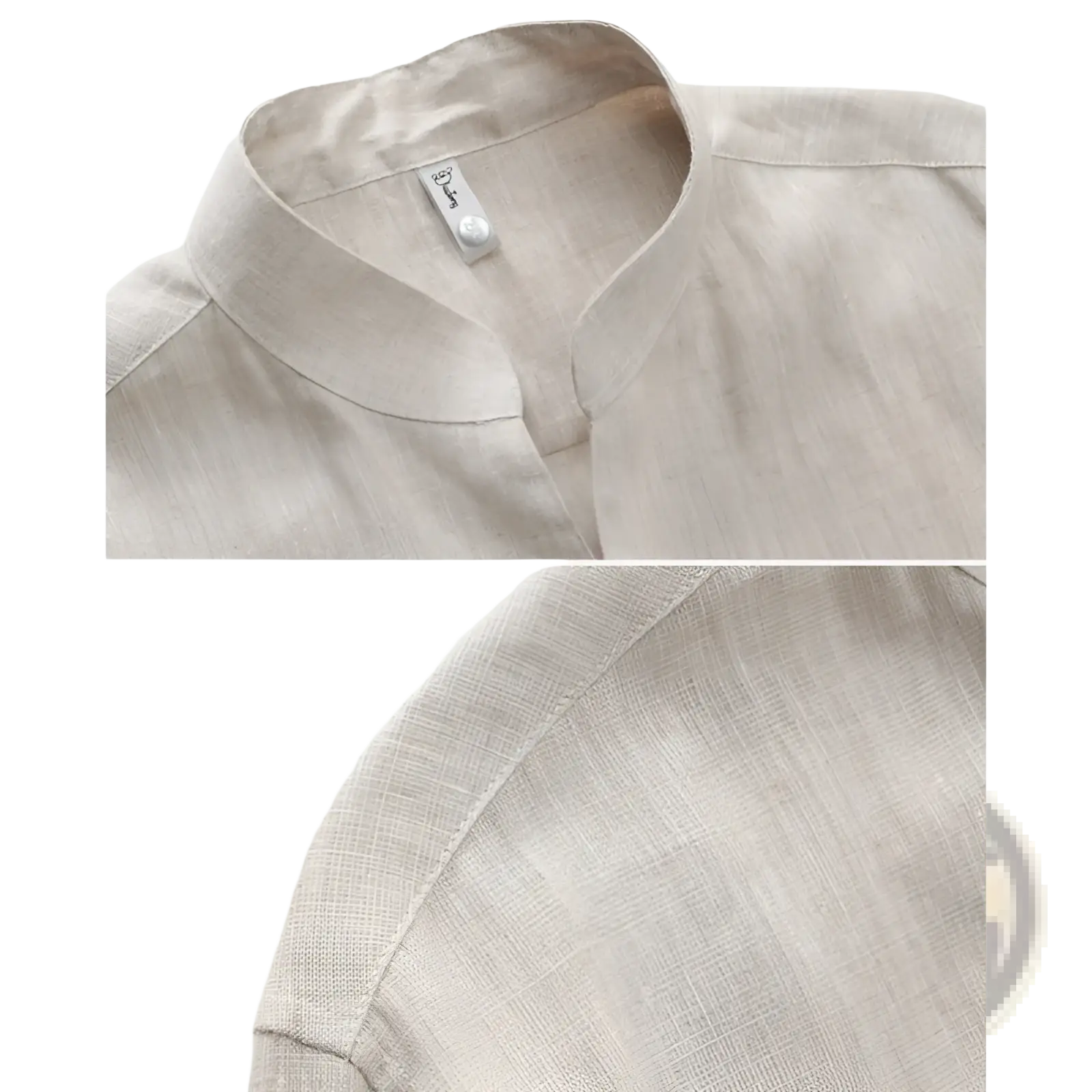 Beige men’s linen shirt with mandarin collar and subtle woven texture perfect for casual and formal wear