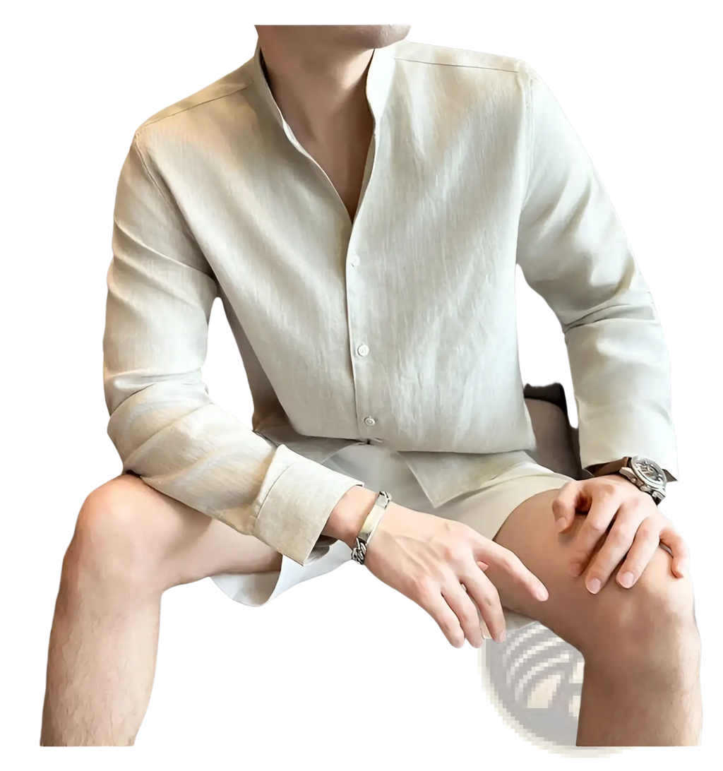 Beige men’s linen button-down shirt with subtle texture and classic collar ideal for casual or formal wear
